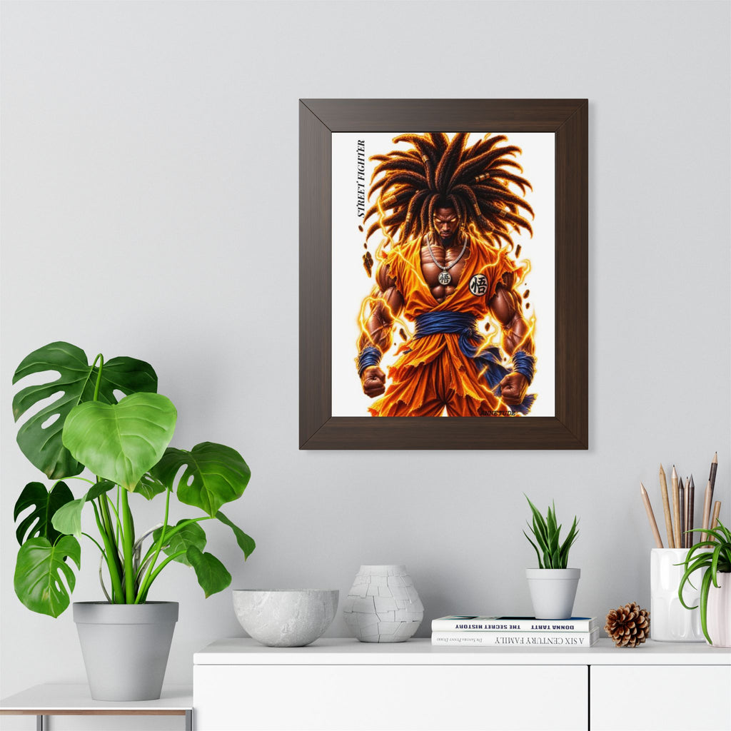 Framed Poster — Fiery Afro Warrior Anime Print