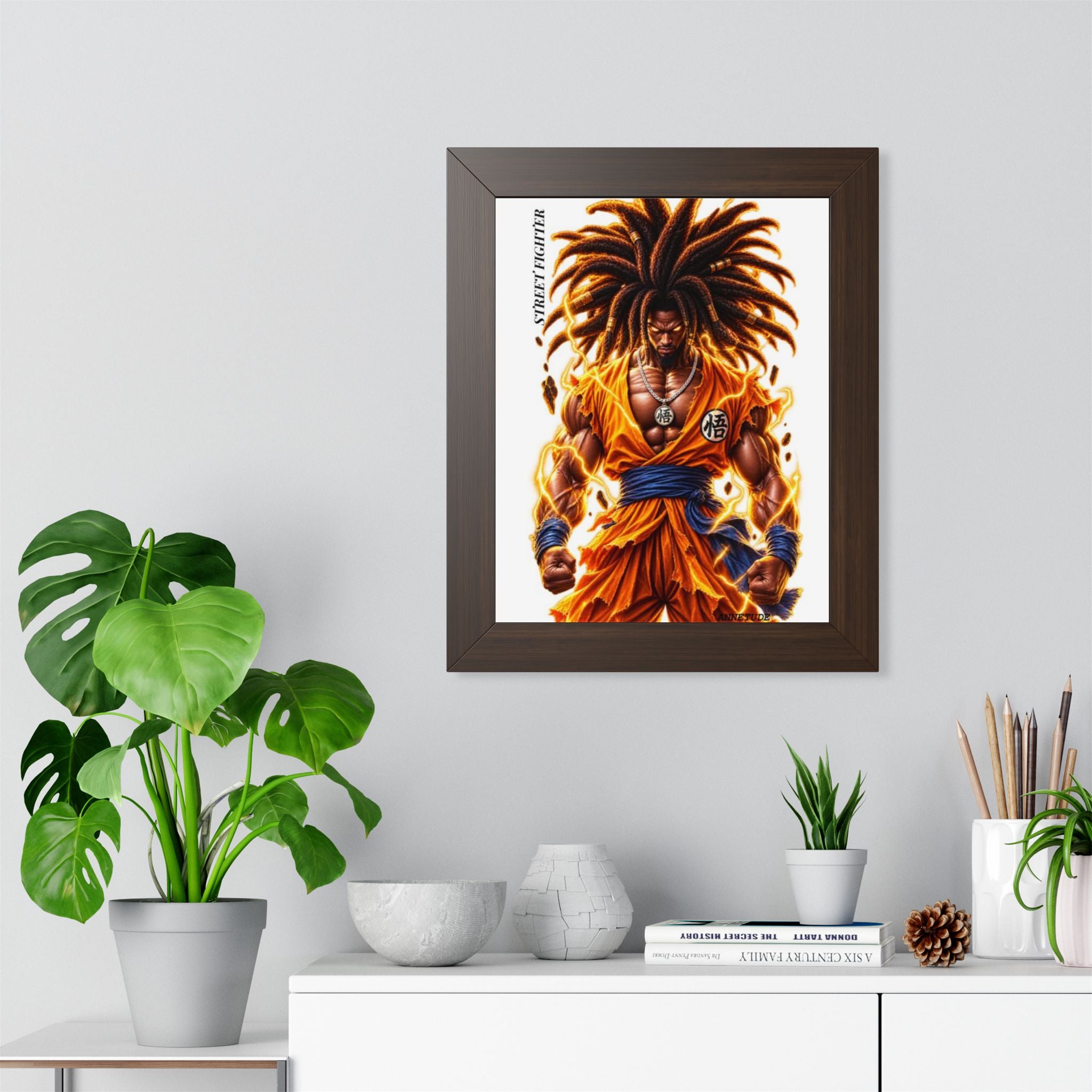Framed Poster — Fiery Afro Warrior Anime Print