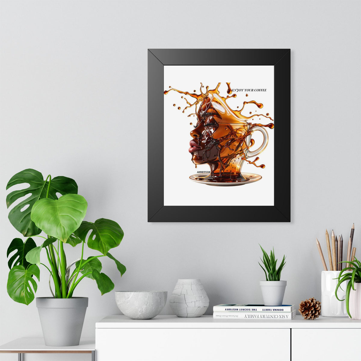 Coffee Splash Art Poster — 'Savor Your Coffee' Framed Vertical Print