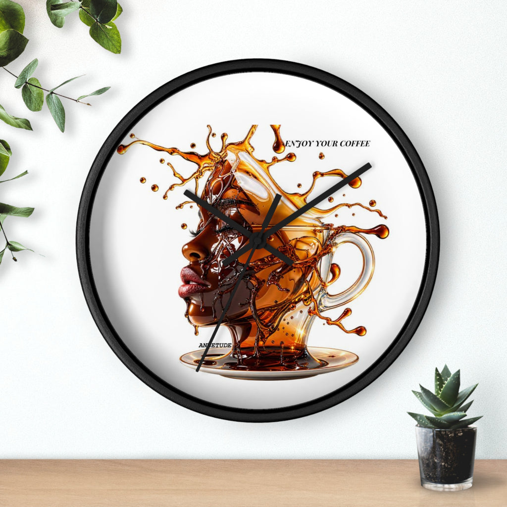 Coffee Splash Wall Clock — Artistic Afrocentric Brew Portrait ("Enjoy Your Coffee")