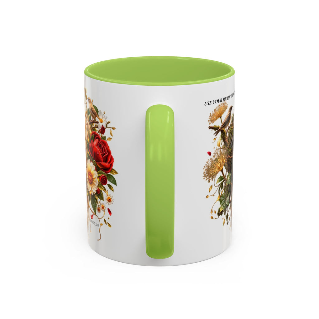 Brain & Heart Floral Accent Coffee Mug — 'Use Your Brain' Artistic 11/15oz Ceramic
