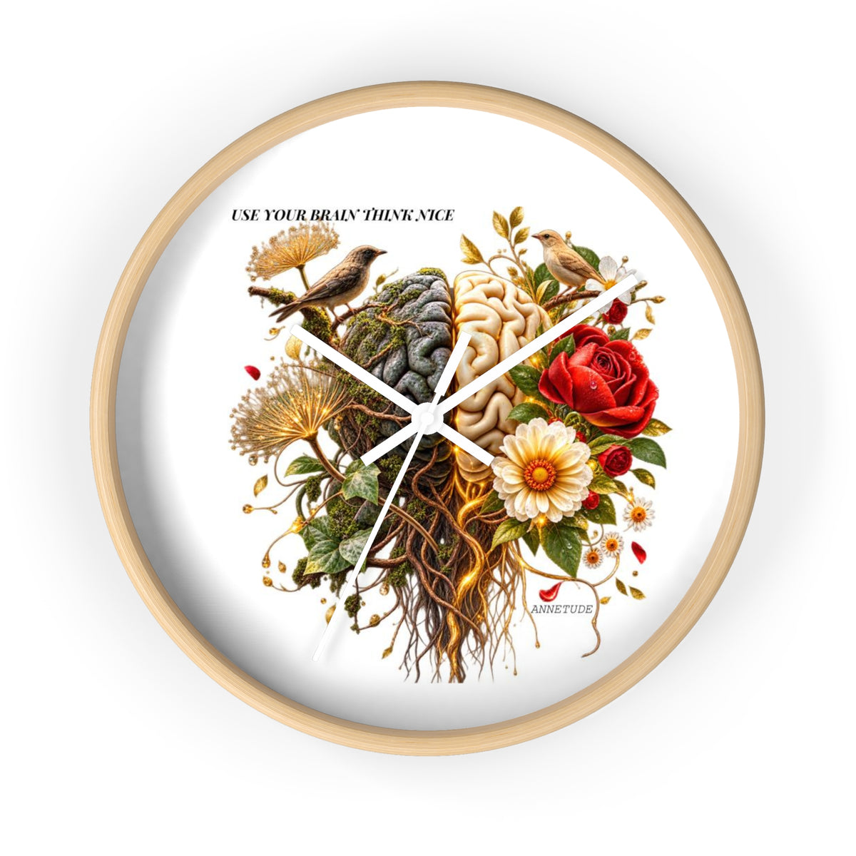 Botanical Brain Wall Clock — Floral & Anatomical Art Timepiece