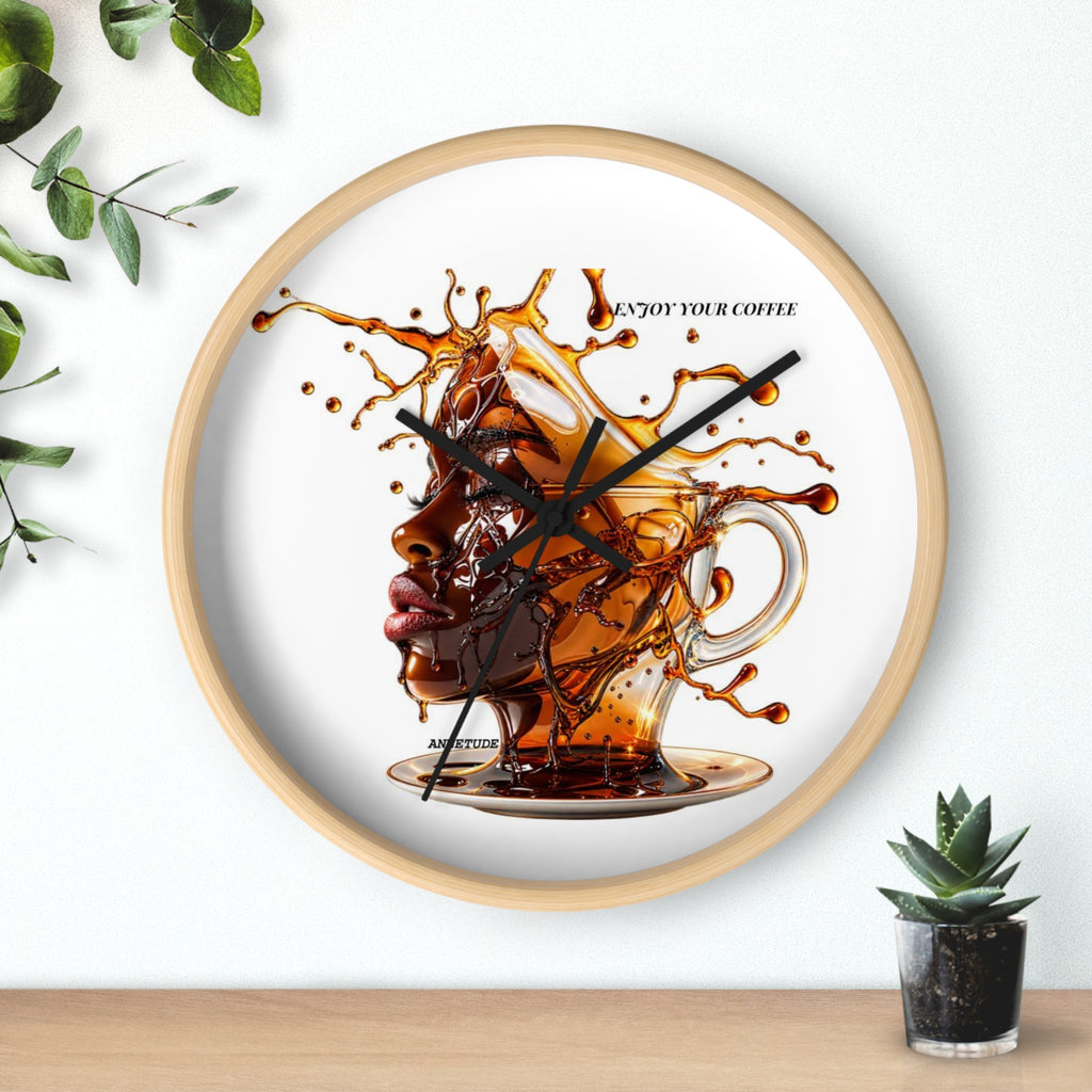 Coffee Splash Wall Clock — Artistic Afrocentric Brew Portrait ("Enjoy Your Coffee")