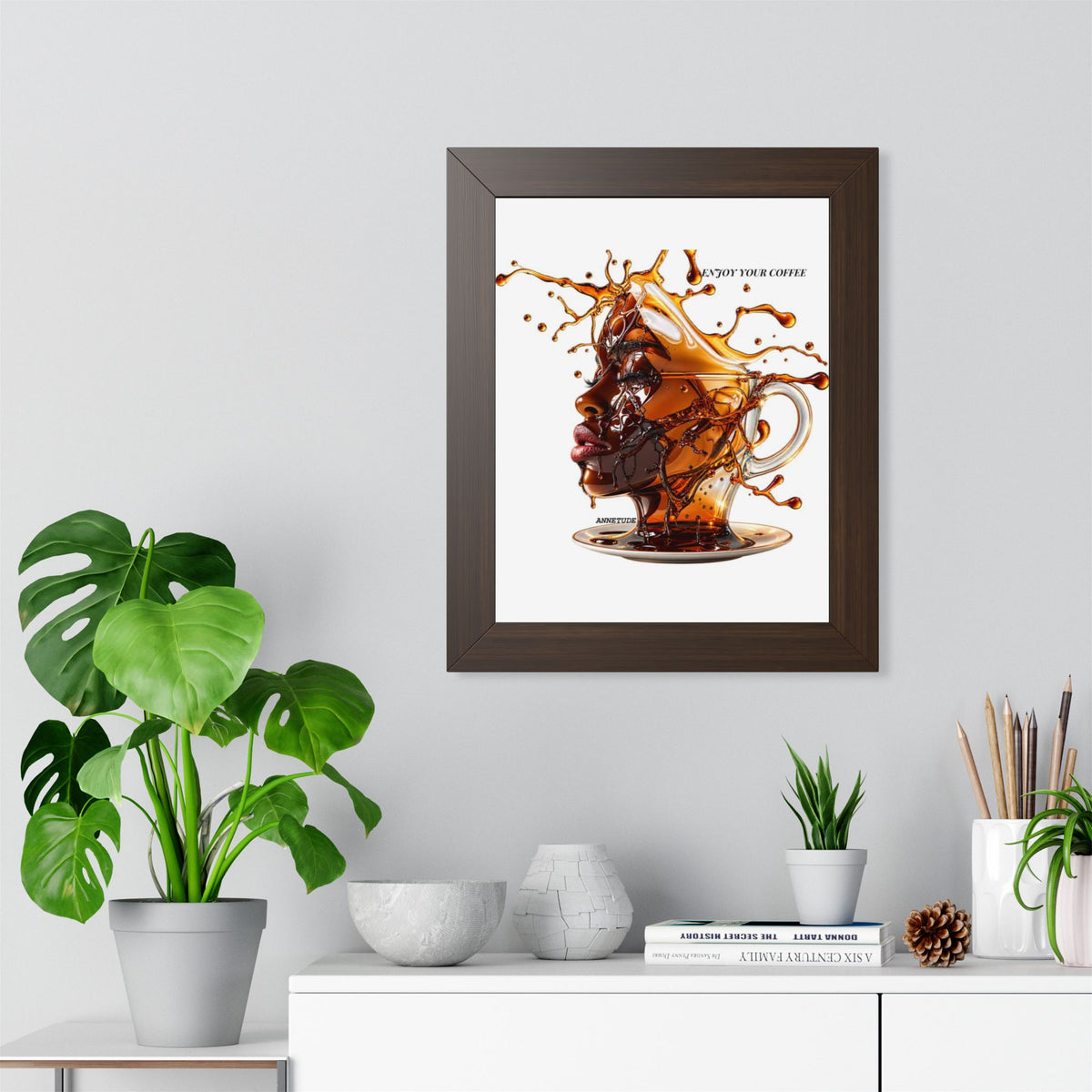 Coffee Splash Art Poster — 'Savor Your Coffee' Framed Vertical Print