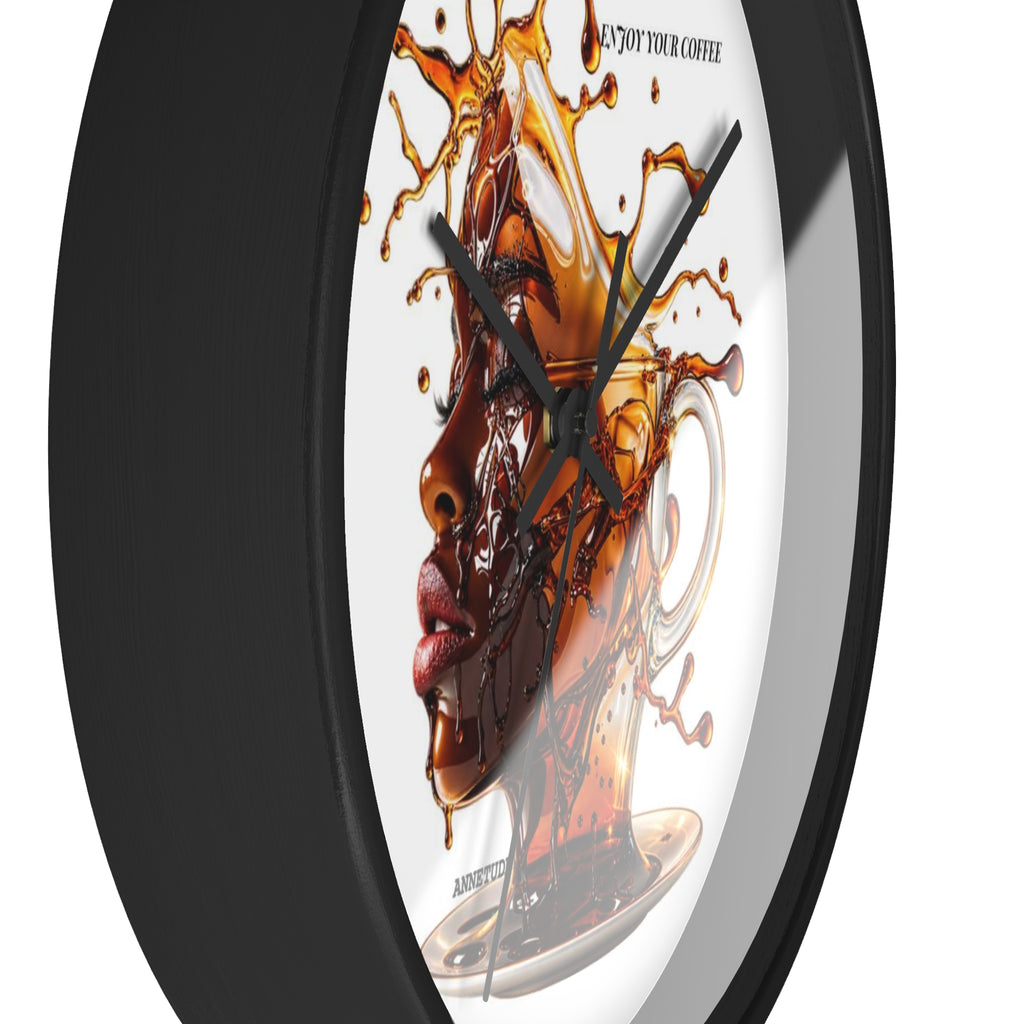 Coffee Splash Wall Clock — Artistic Afrocentric Brew Portrait ("Enjoy Your Coffee")
