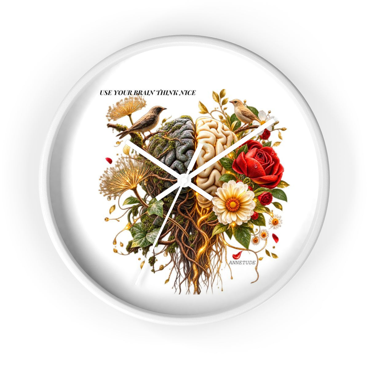 Botanical Brain Wall Clock — Floral & Anatomical Art Timepiece