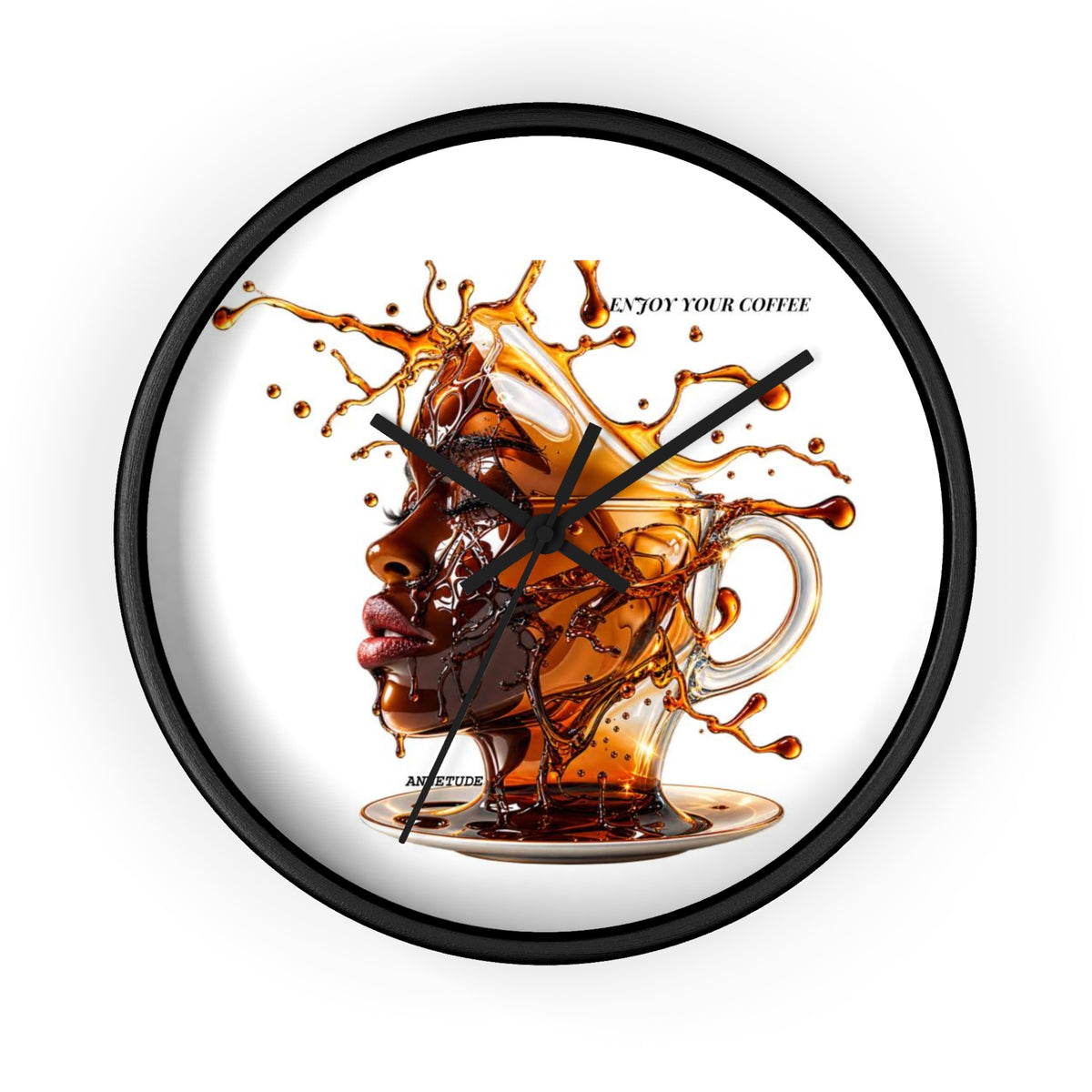 Coffee Splash Wall Clock — Artistic Afrocentric Brew Portrait ("Enjoy Your Coffee")