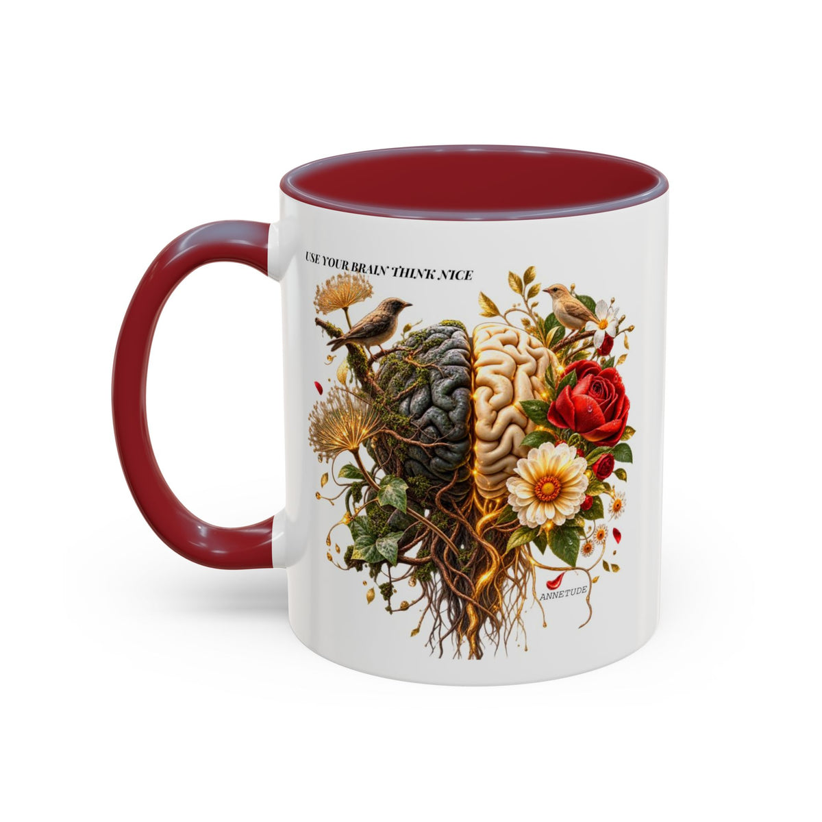 Brain & Heart Floral Accent Coffee Mug — 'Use Your Brain' Artistic 11/15oz Ceramic